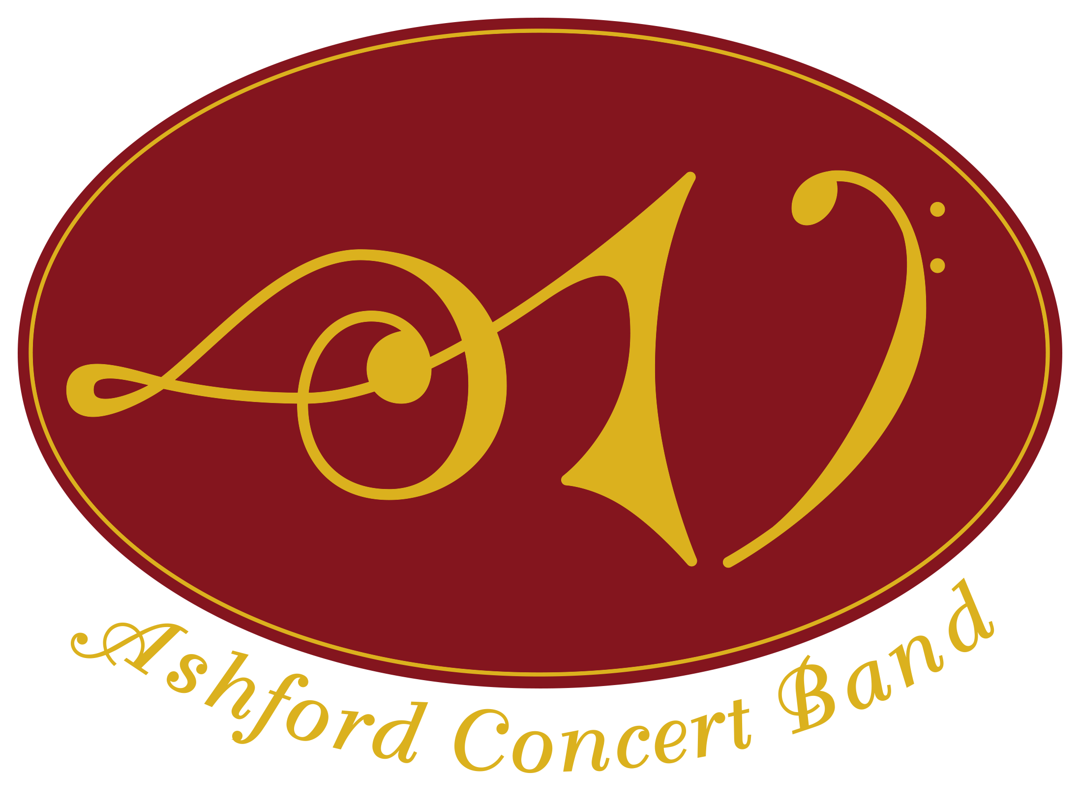 Logo of Ashford Concert Band, showing a roundel containing an an amalgamation of a treble clef and bass clef; roundel background is burgundy red with gold icons and gold edging. Underneath the roundel are the words Ashford Concert Band in gold serif font.